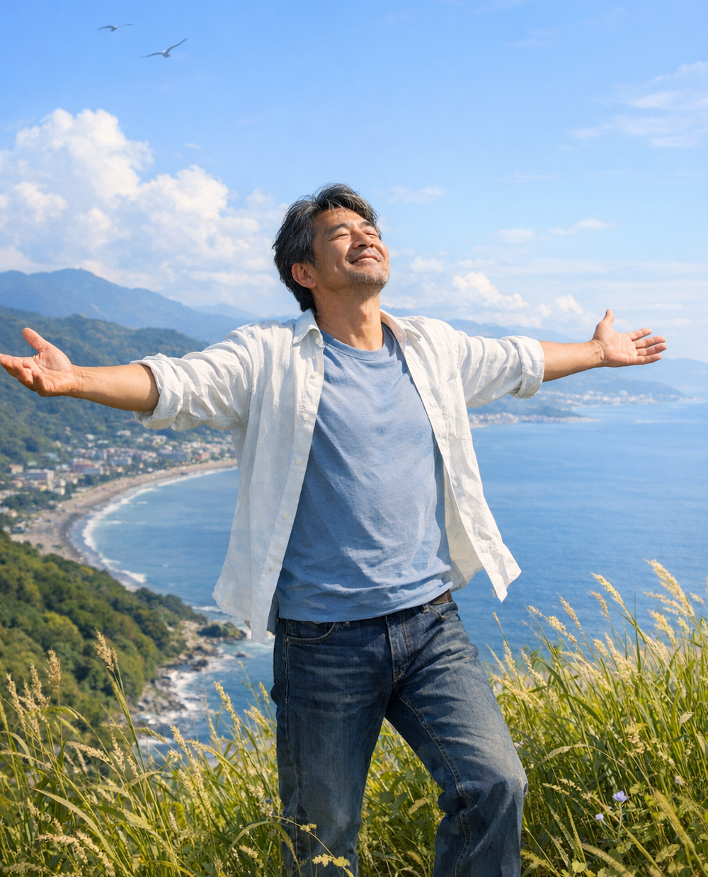 心理的なプレッシャーから解放された５０代男性